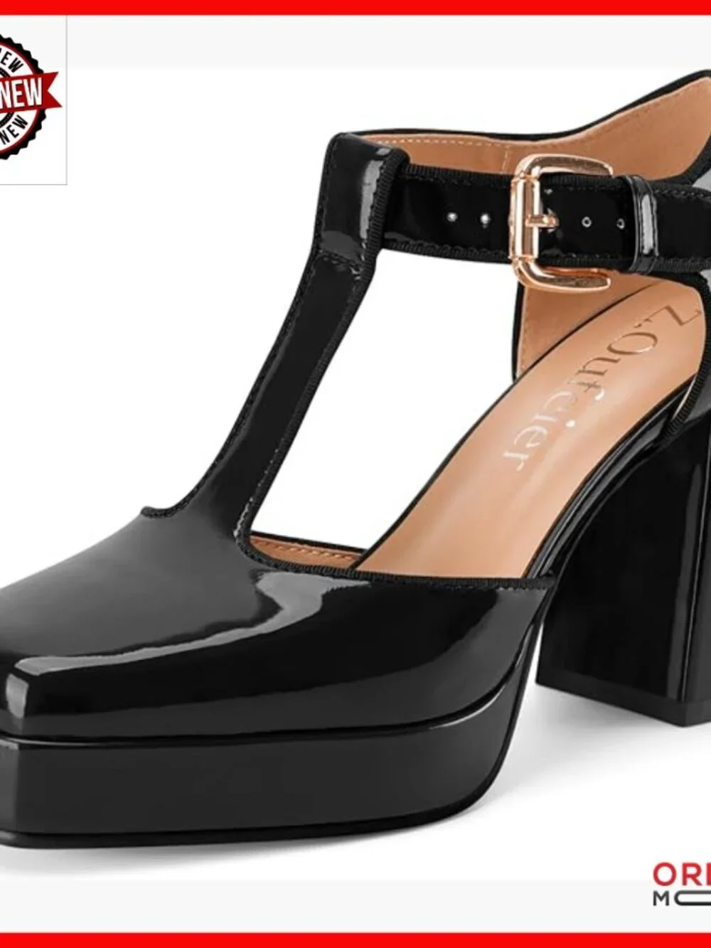 Patent Leather Platform Pumps with T-Strap Ankle Buckle Block Heel